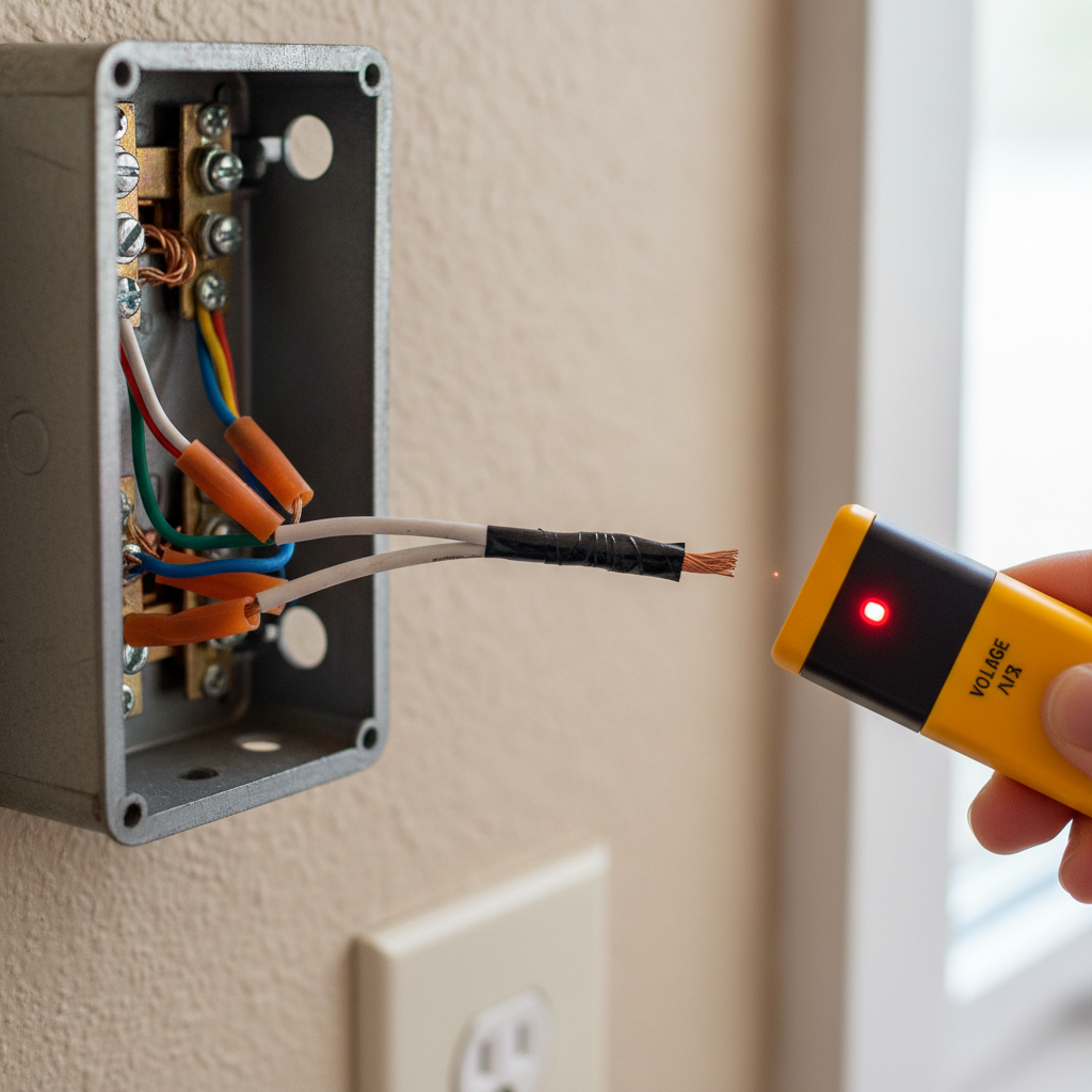 Close-up of old residential light switch wiring with a white wire marked with black tape, being tested by a non-contact voltage tester.