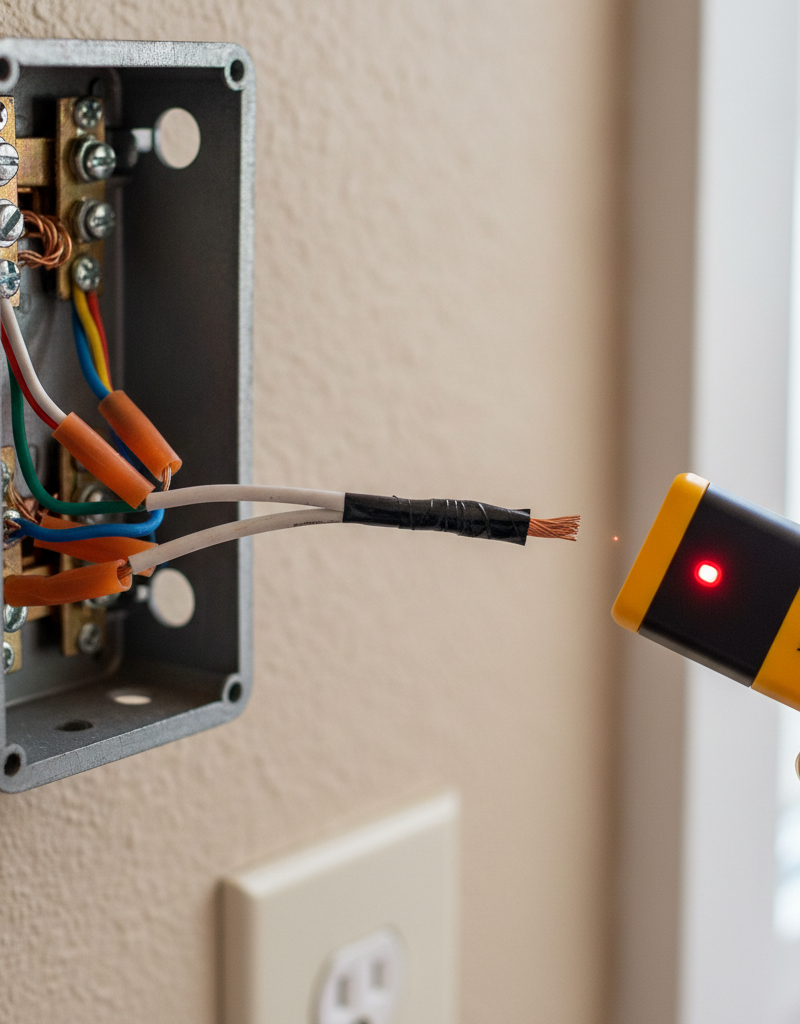 Close-up of old residential light switch wiring with a white wire marked with black tape, being tested by a non-contact voltage tester.