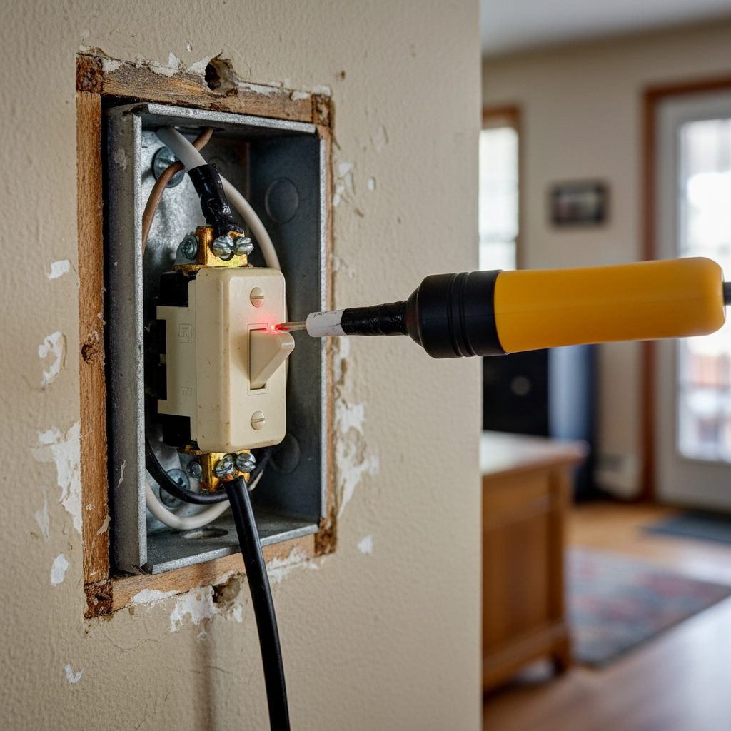 Homeowner identifying and marking a hot white wire in an old switch loop with black electrical tape.