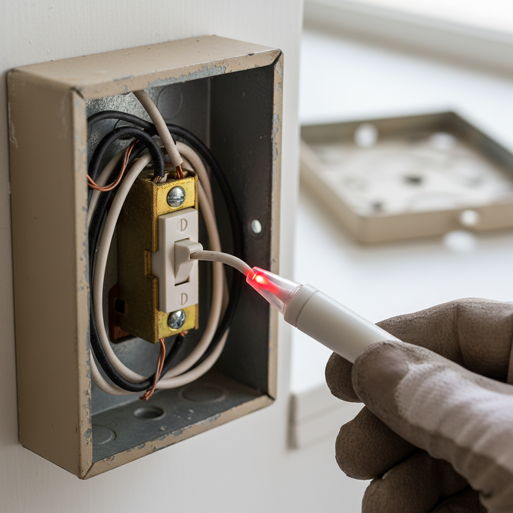 Homeowner uses a non-contact voltage tester to check a white wire connected to an old light switch, identifying a potential hot wire.