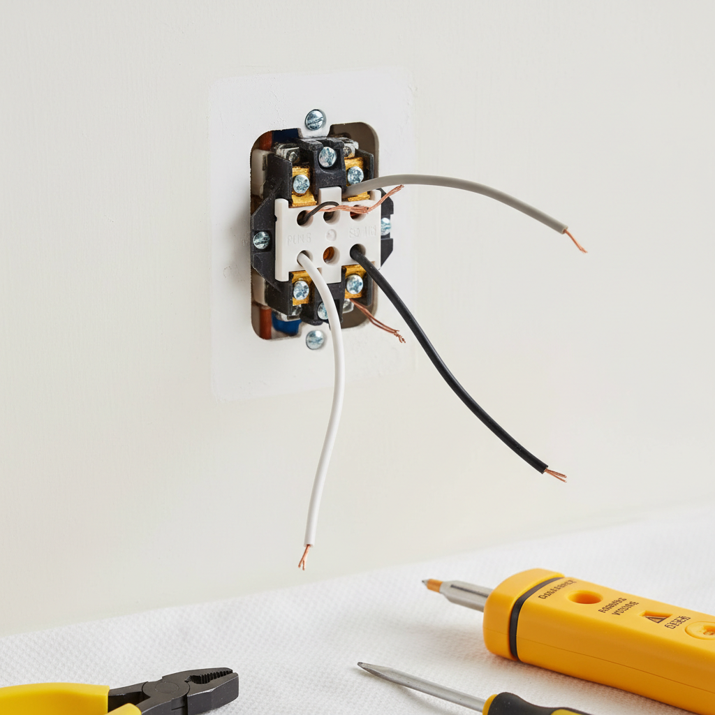 Loose back-tapped wires on the back of an electrical outlet pulled from a wall box.