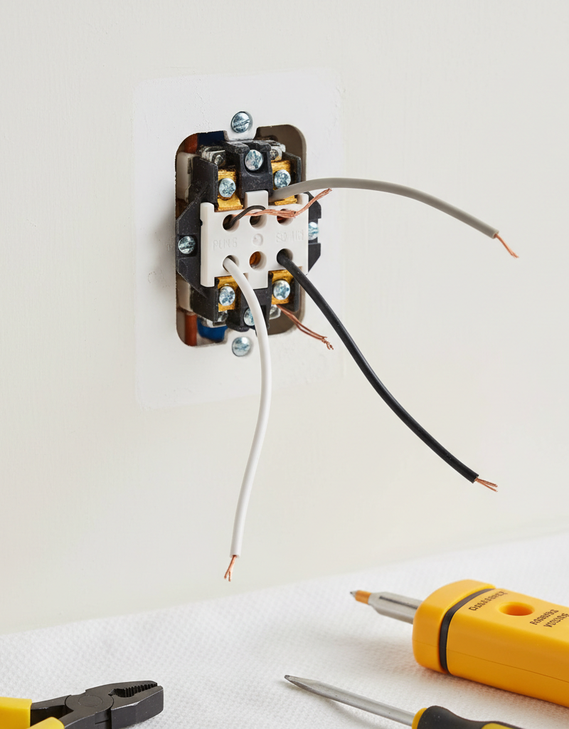 Loose back-tapped wires on the back of an electrical outlet pulled from a wall box.