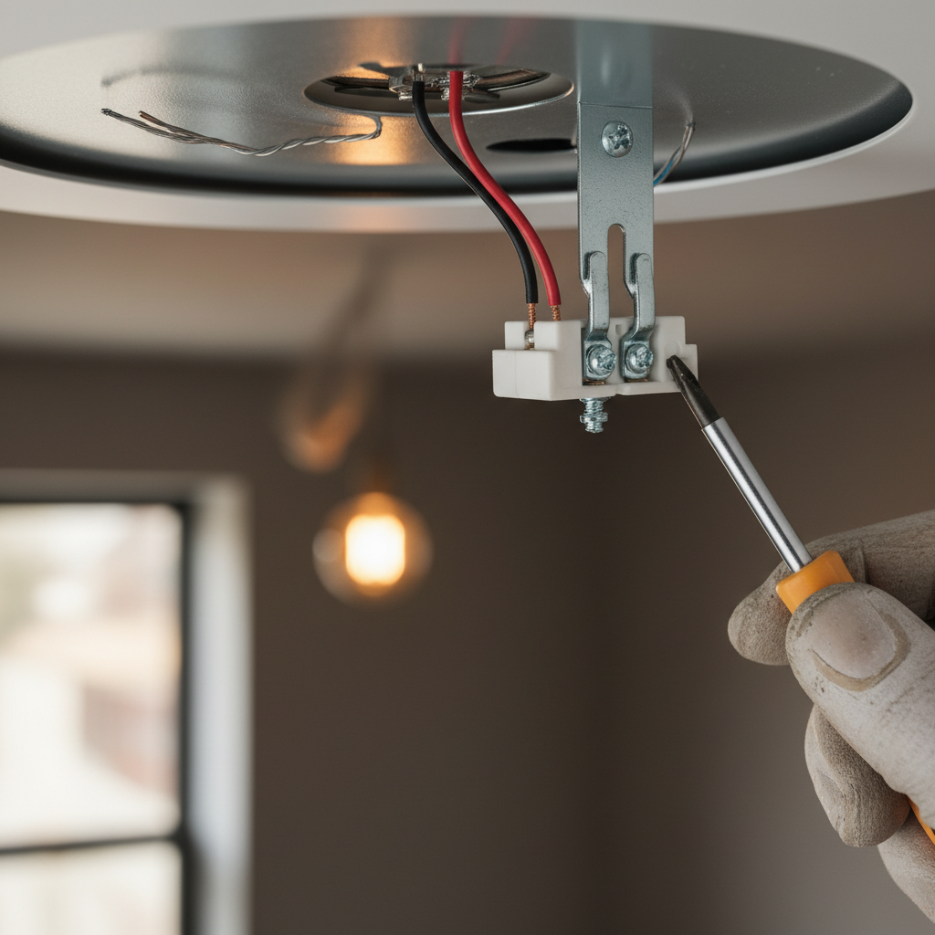 Contractor's hand tightening a wire connection in a flickering ceiling light fixture
