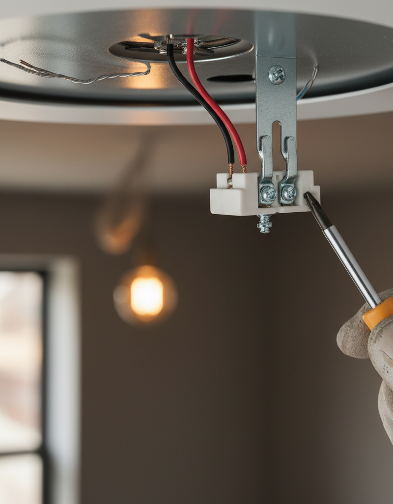 Contractor's hand tightening a wire connection in a flickering ceiling light fixture