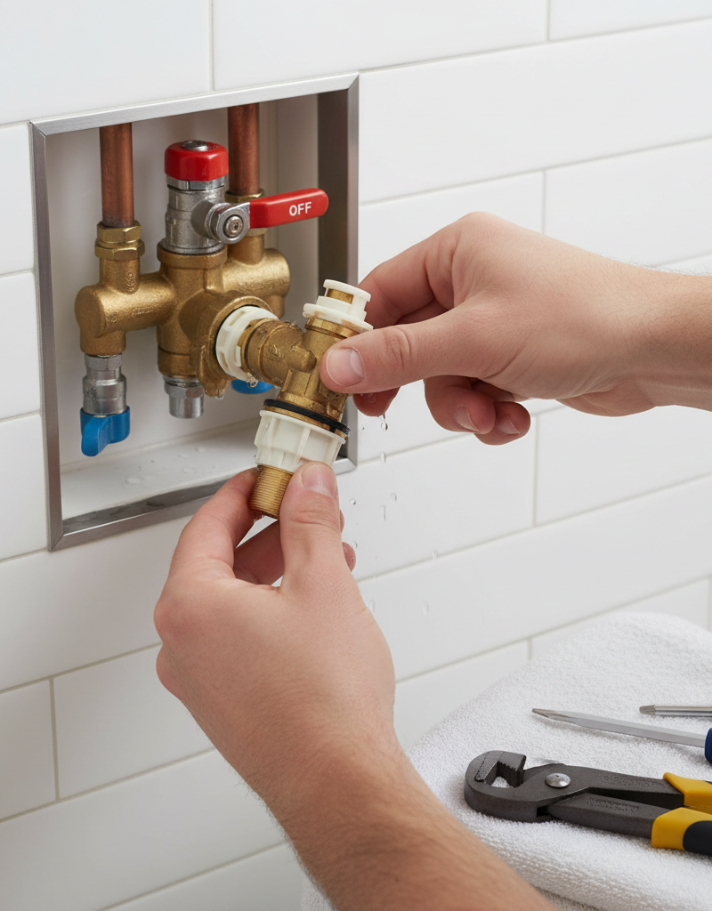 Homeowner repairing a shower mixing valve cartridge to restore hot water to a single shower.