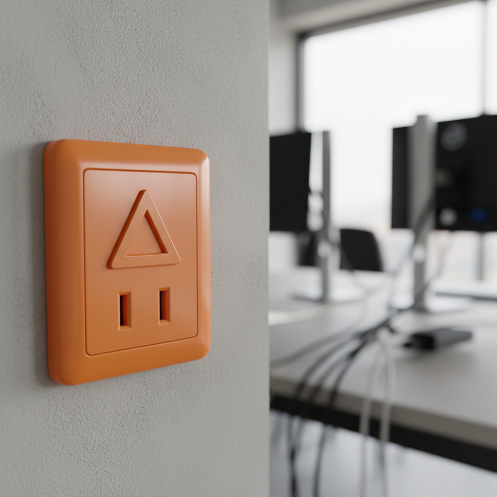 Bright orange electrical outlet with a small orange triangle symbol, signifying an isolated ground receptacle.