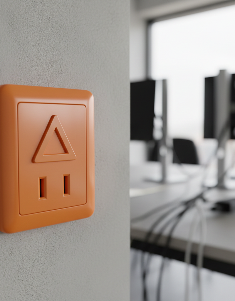 Bright orange electrical outlet with a small orange triangle symbol, signifying an isolated ground receptacle.