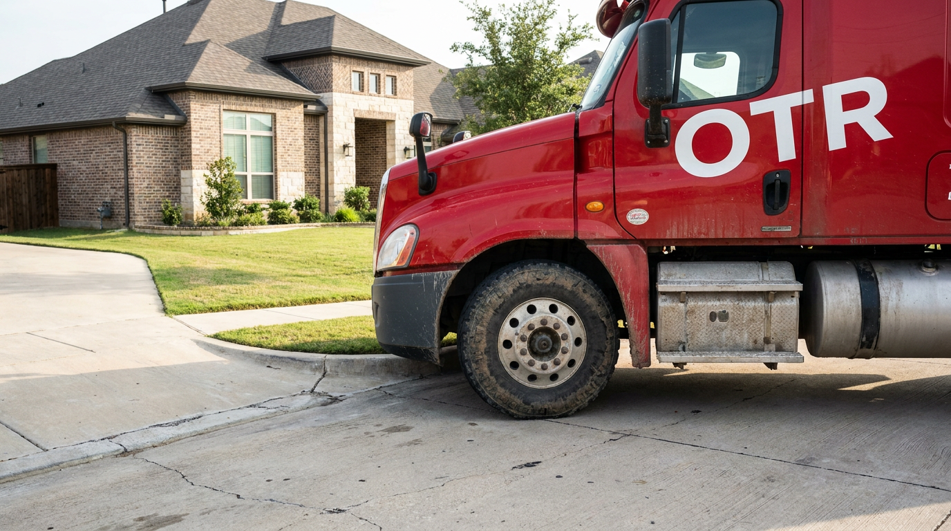 Large semi-truck cab with OTR lettering parked at a residential curbside near concrete driveway