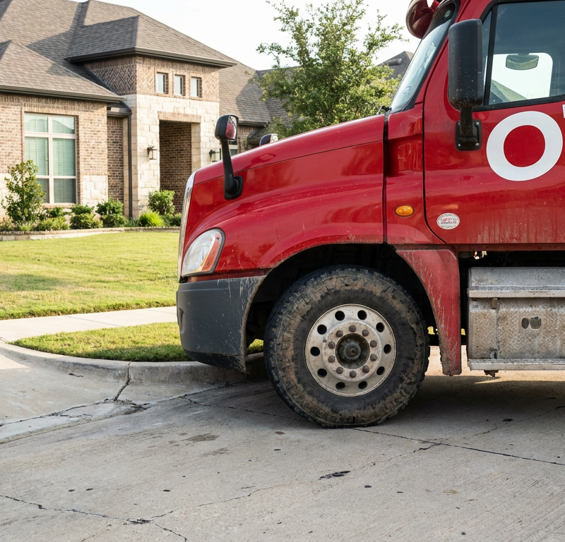 Large semi-truck cab with OTR lettering parked at a residential curbside near concrete driveway
