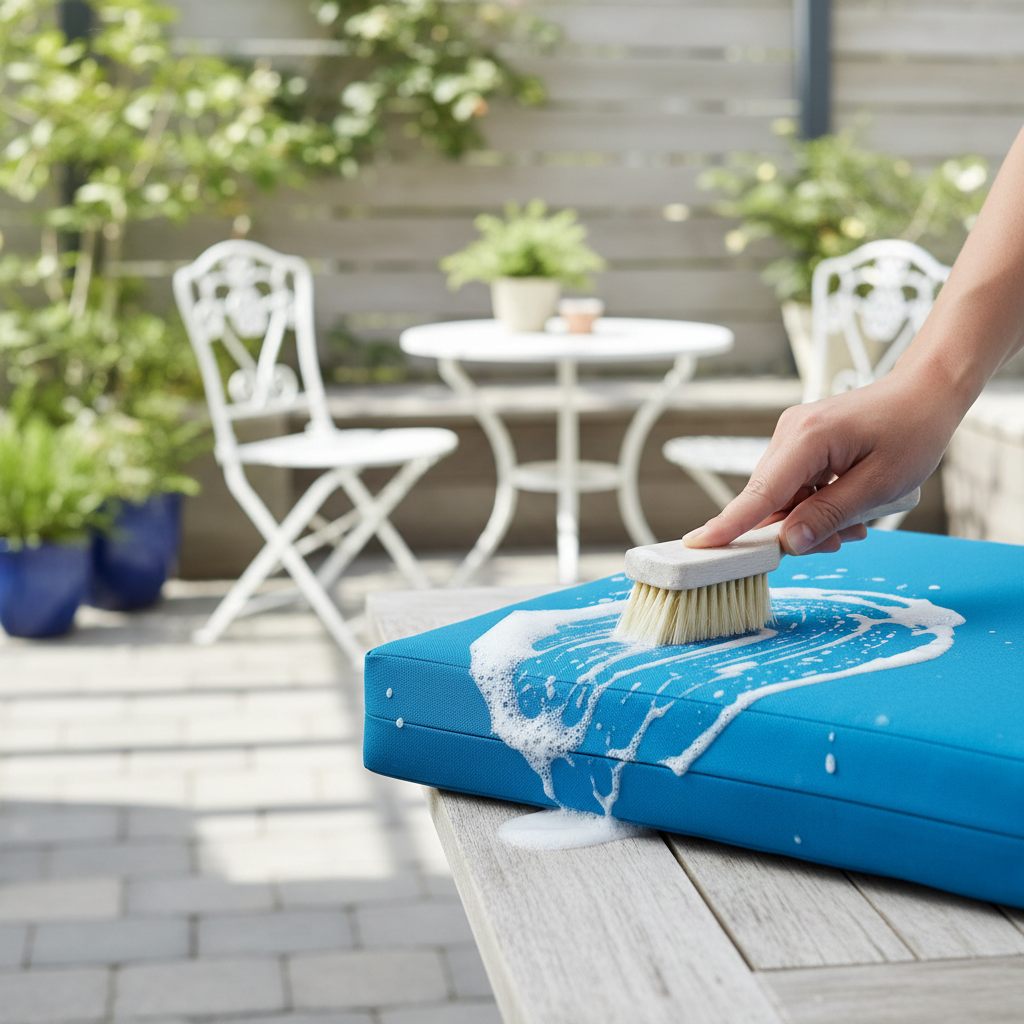Homeowner cleaning a vibrant blue outdoor patio cushion on a sunny patio.