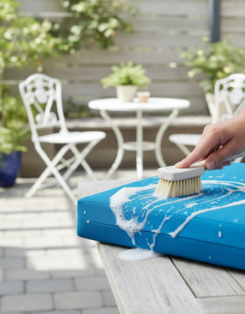 Homeowner cleaning a vibrant blue outdoor patio cushion on a sunny patio.
