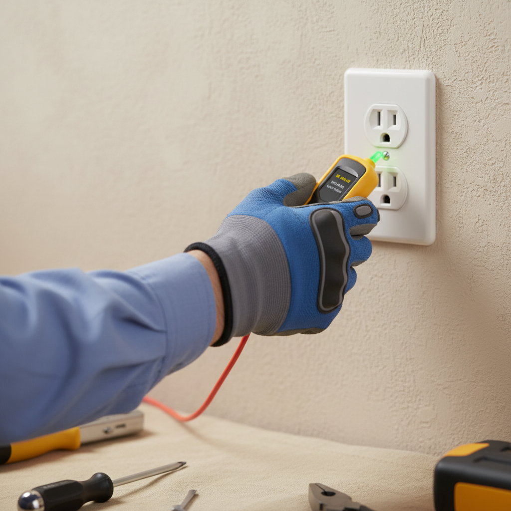 Homeowner using a non-contact voltage tester on a dead electrical outlet to check for power, with the breaker apparently on.
