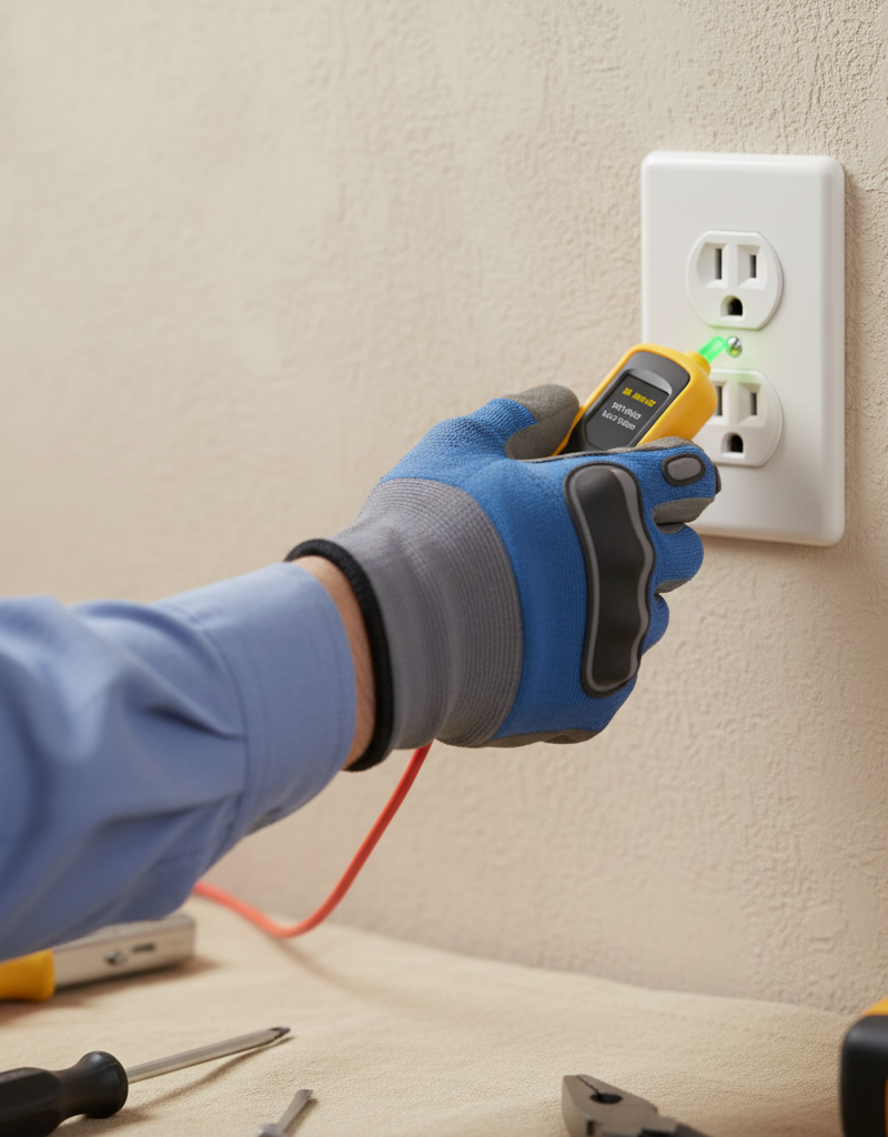 Homeowner using a non-contact voltage tester on a dead electrical outlet to check for power, with the breaker apparently on.
