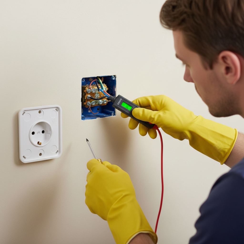 Homeowner safely troubleshooting a dead electrical outlet with a voltage tester