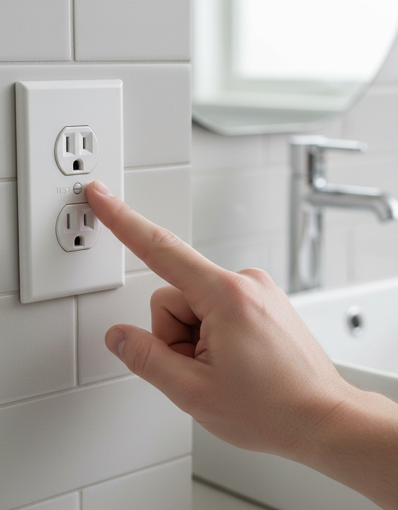 Hand pressing reset button on a white GFCI outlet in a residential kitchen.