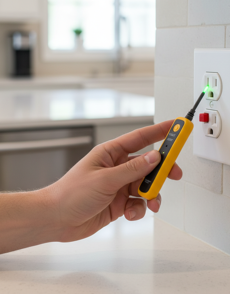 Homeowner pressing reset button on GFCI outlet with voltage tester