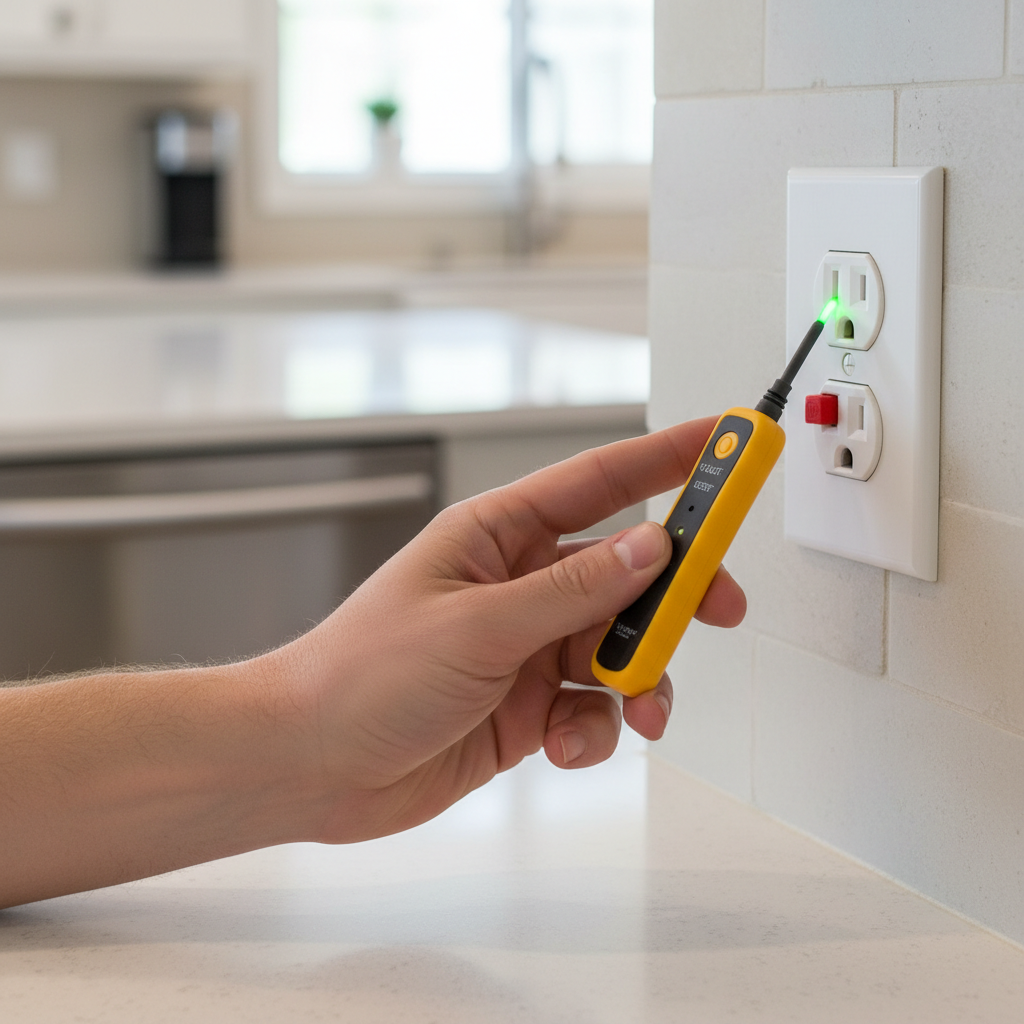 Homeowner pressing reset button on GFCI outlet with voltage tester