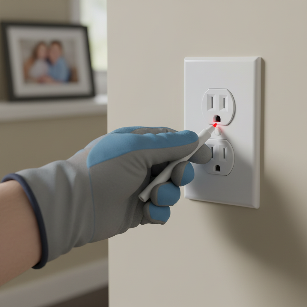 Homeowner safely checking a dead electrical outlet with a non-contact voltage tester