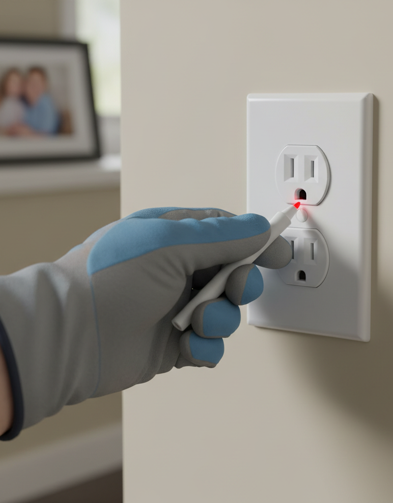 Homeowner safely checking a dead electrical outlet with a non-contact voltage tester