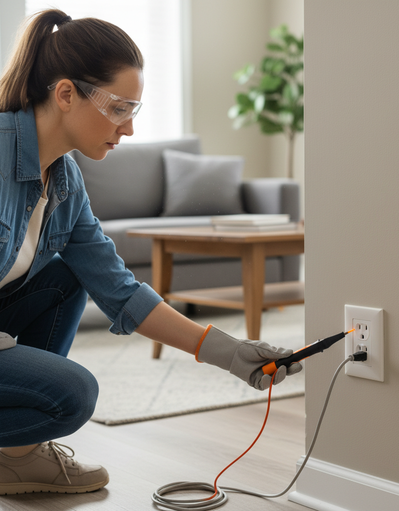 Homeowner uses a non-contact voltage tester on a dead electrical outlet to check for power after confirming the circuit breaker is on.