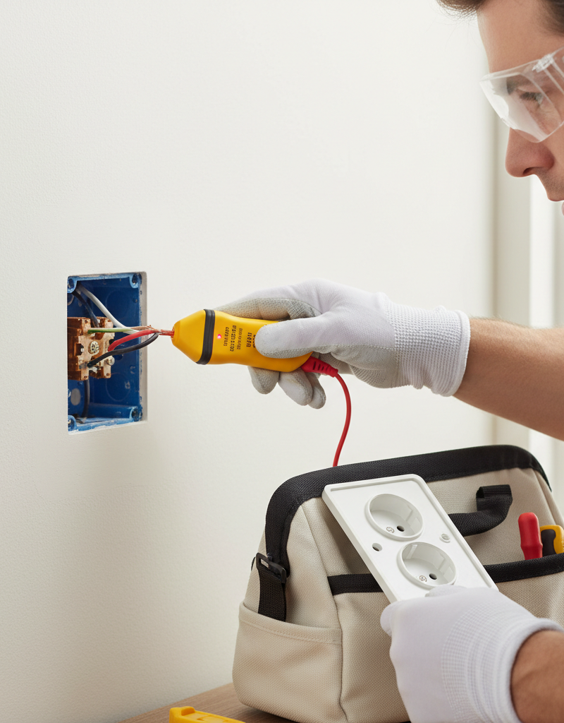 Homeowner safely checking a wall outlet's wiring with a voltage tester.