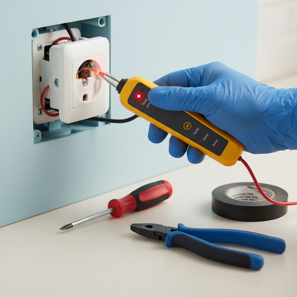 Homeowner using a non-contact voltage tester on an outlet with the faceplate removed