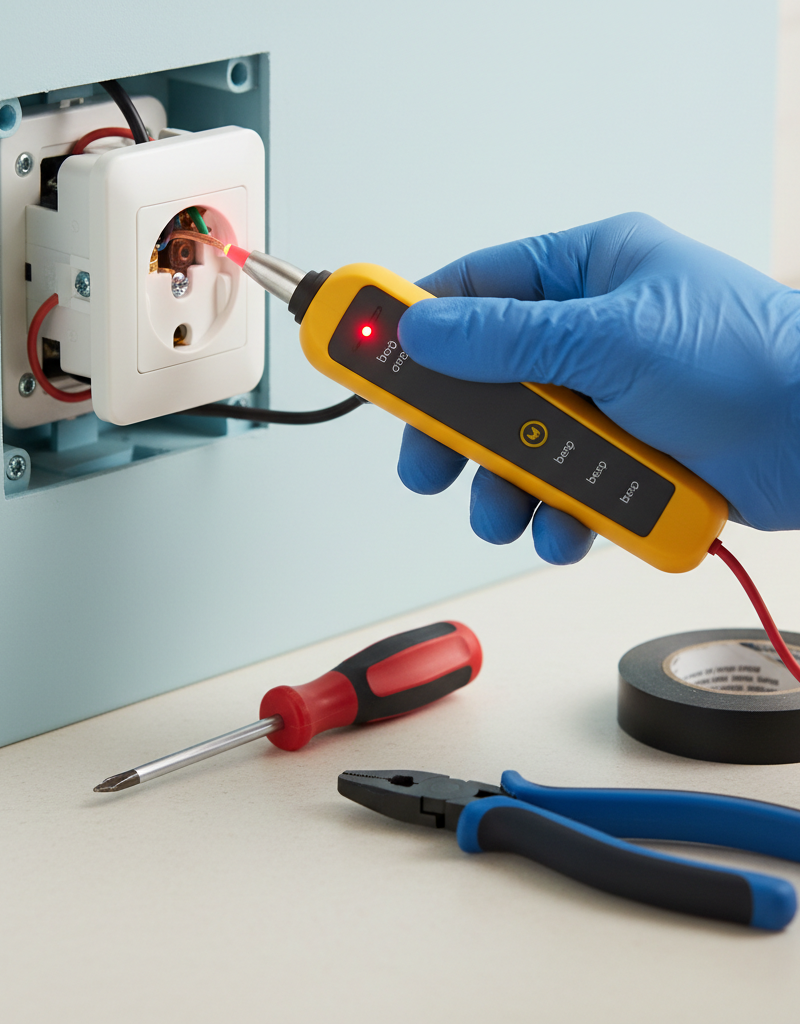 Homeowner using a non-contact voltage tester on an outlet with the faceplate removed