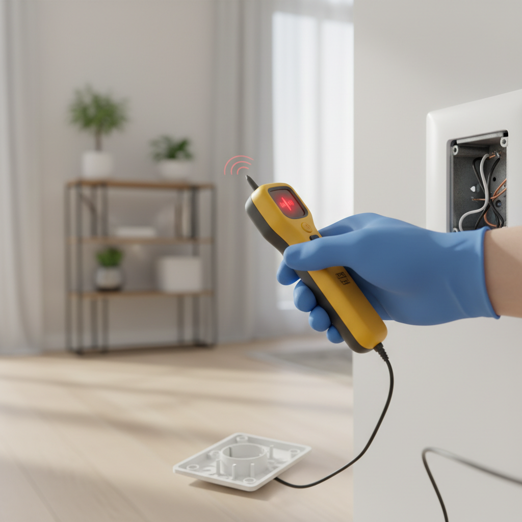 Homeowner testing a wall outlet for power with a non-contact voltage tester.