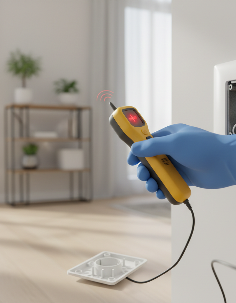 Homeowner testing a wall outlet for power with a non-contact voltage tester.
