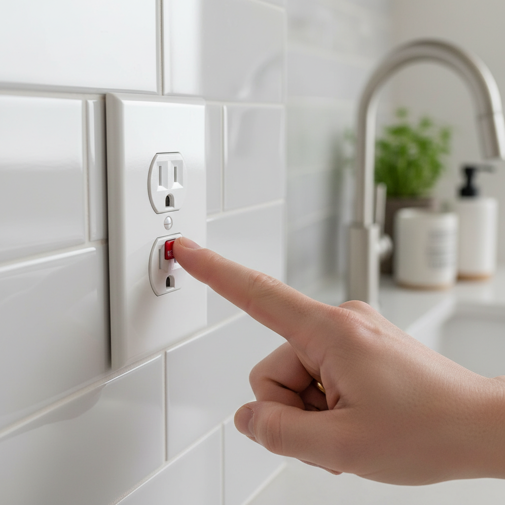 Homeowner resetting a GFCI outlet to restore power to a dead electrical outlet.