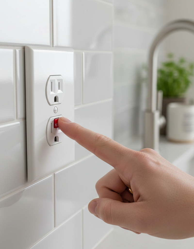 Homeowner resetting a GFCI outlet to restore power to a dead electrical outlet.