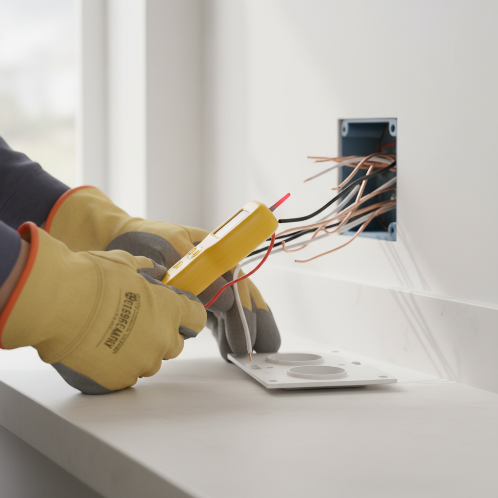Homeowner troubleshooting a dead electrical outlet with a voltage tester