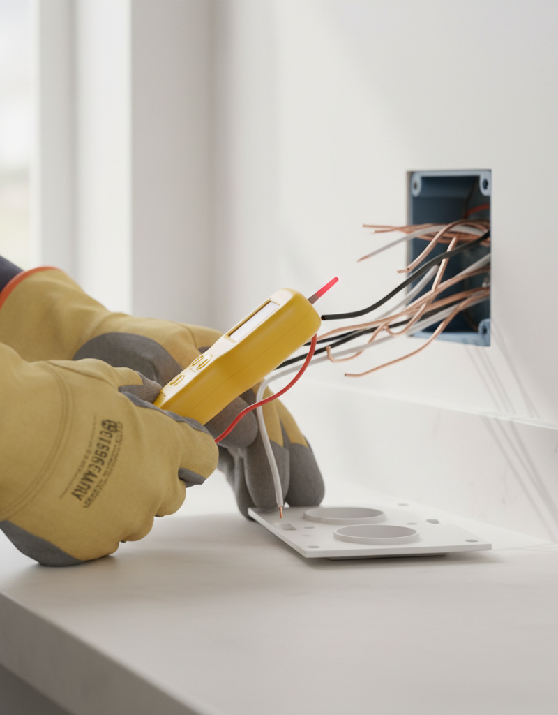 Homeowner troubleshooting a dead electrical outlet with a voltage tester