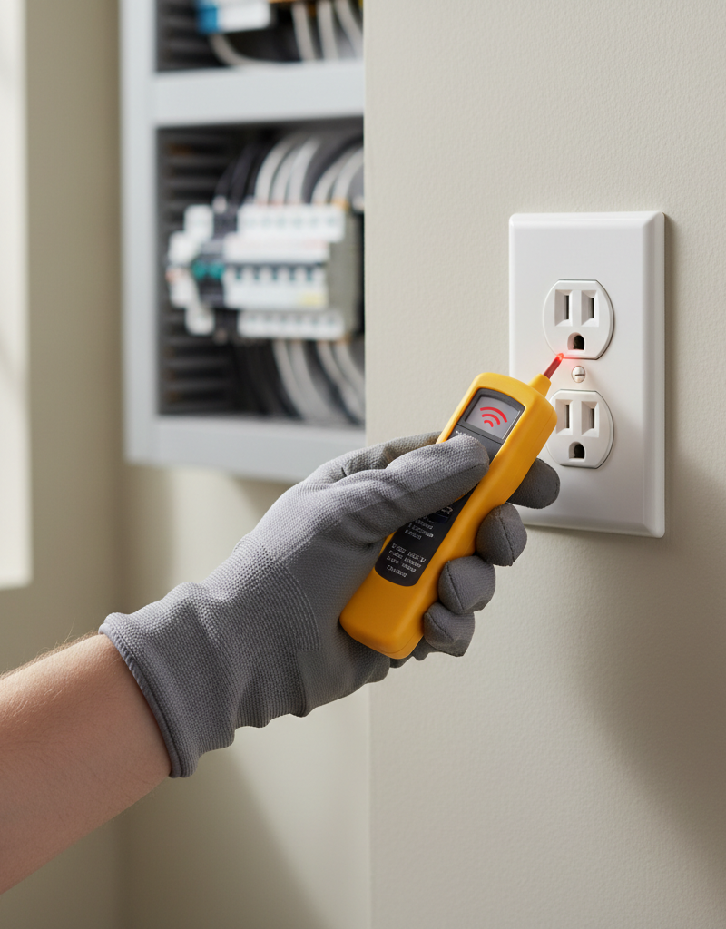 Homeowner testing a wall outlet for power with a non-contact voltage tester.