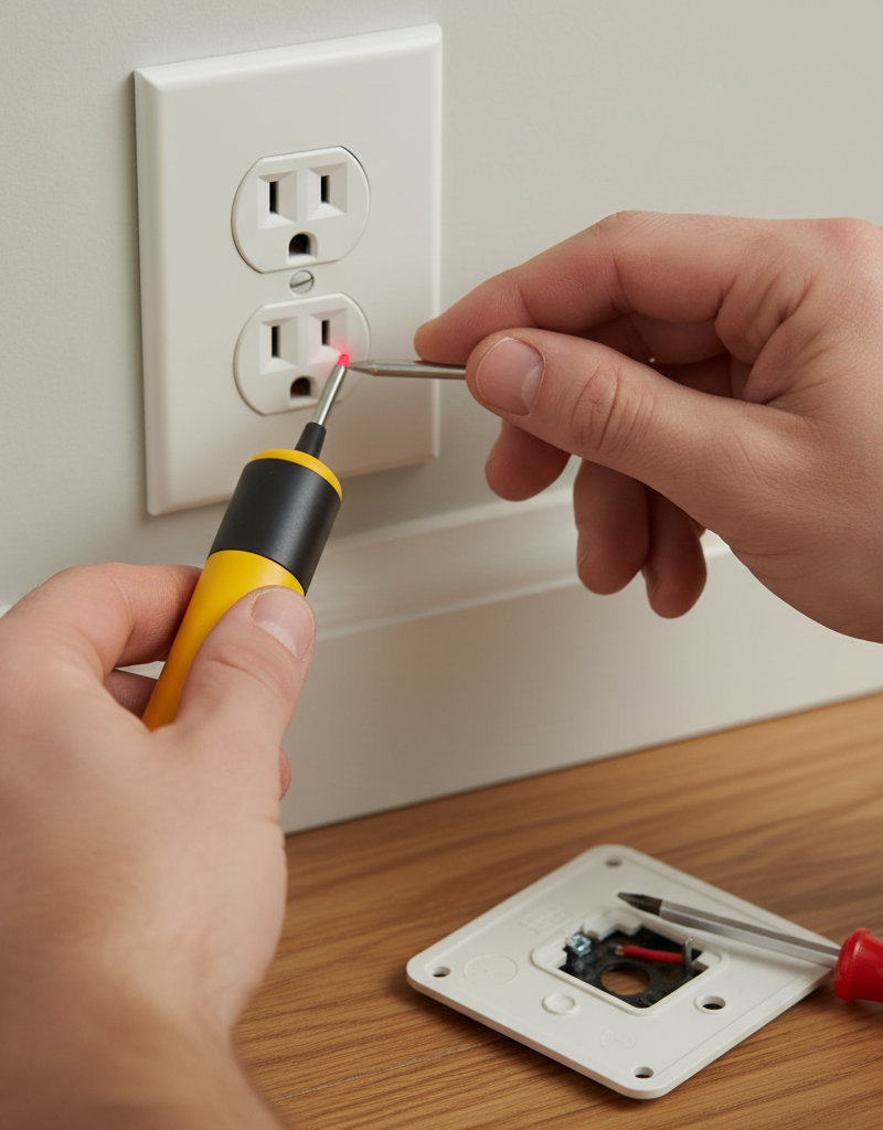Homeowner testing a wall outlet for power with a non-contact voltage tester to diagnose why it's not working.