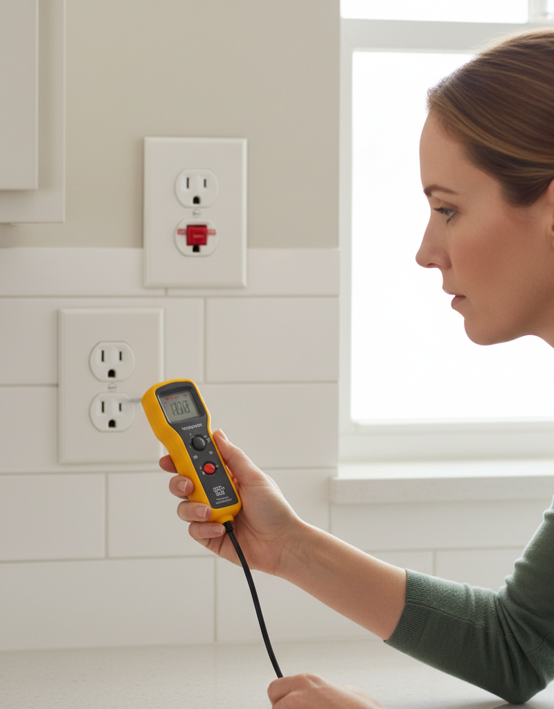 Homeowner checking a dead electrical outlet with a voltage tester, a tripped GFCI in the background.