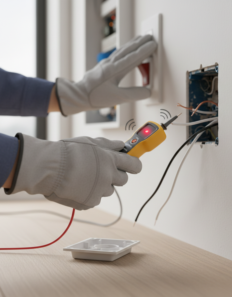 Homeowner testing a wall outlet with a non-contact voltage tester, faceplate removed to show wiring