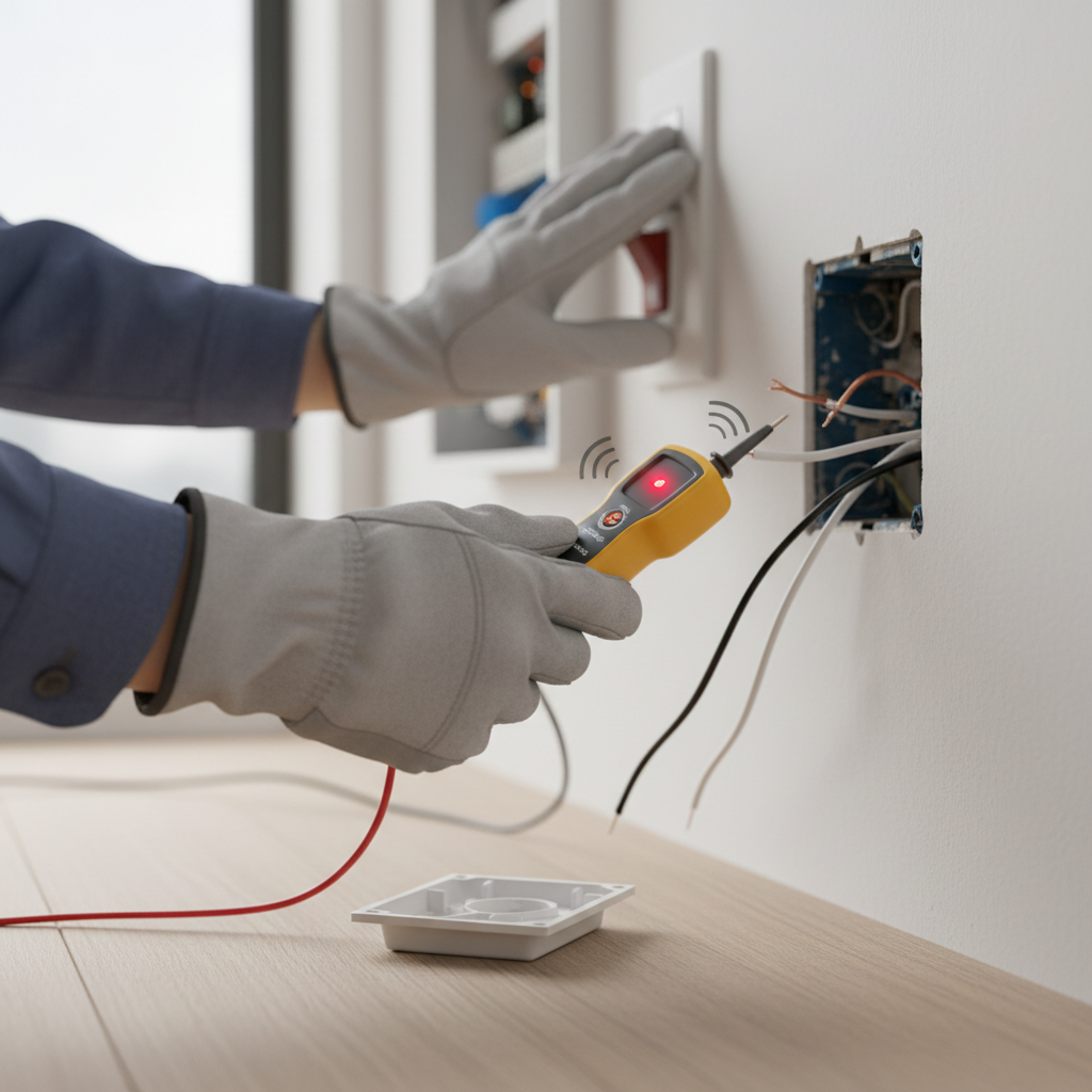 Homeowner testing a wall outlet with a non-contact voltage tester, faceplate removed to show wiring
