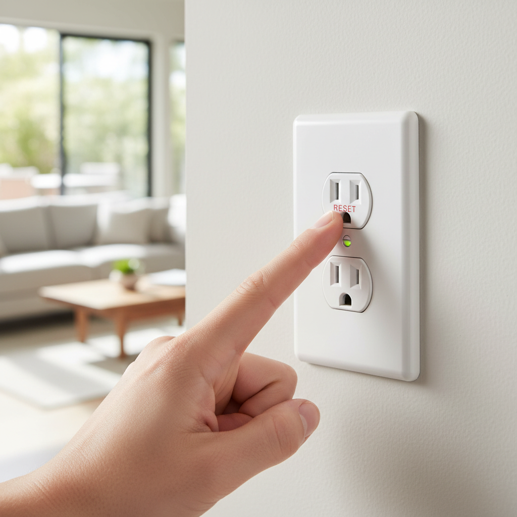 Homeowner's hand resetting a GFCI electrical outlet in a modern kitchen.