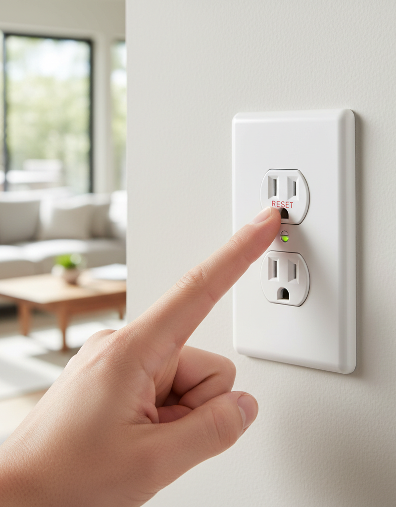 Homeowner's hand resetting a GFCI electrical outlet in a modern kitchen.