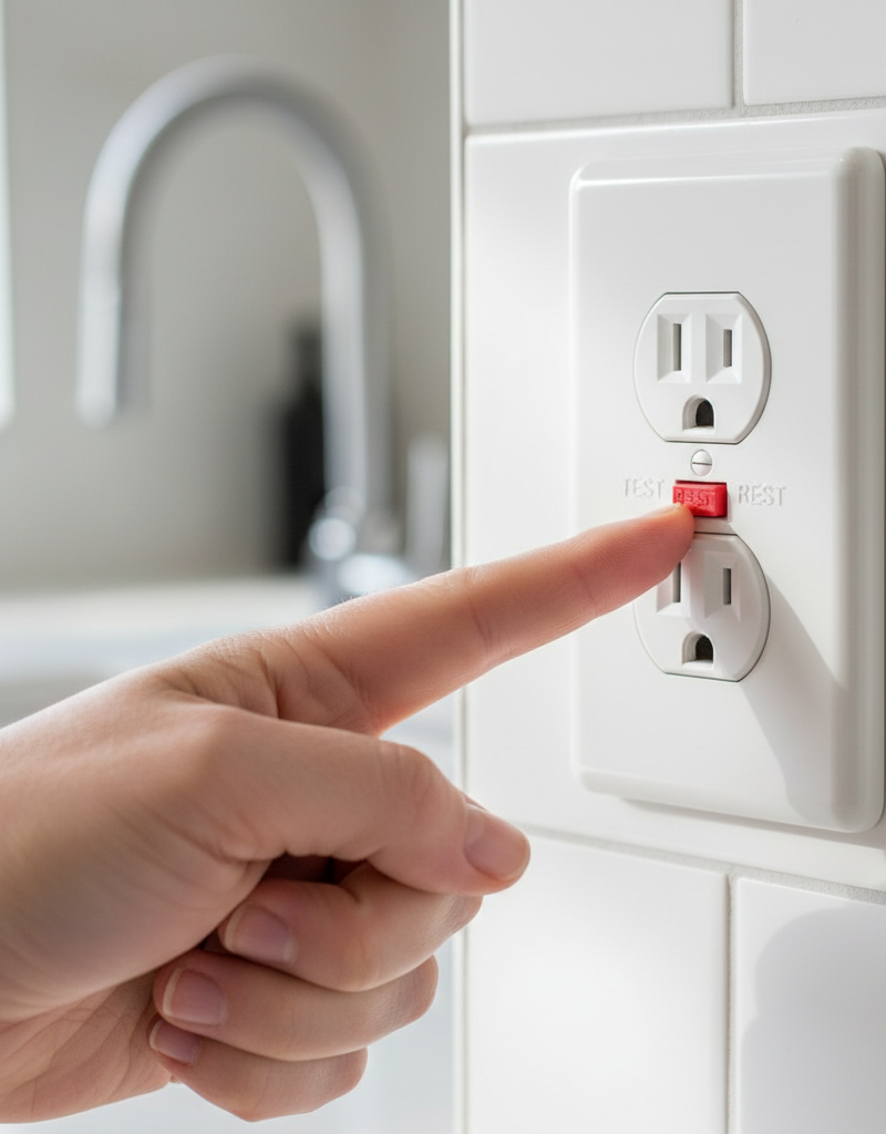 Homeowner's hand resetting a GFCI electrical outlet in a kitchen