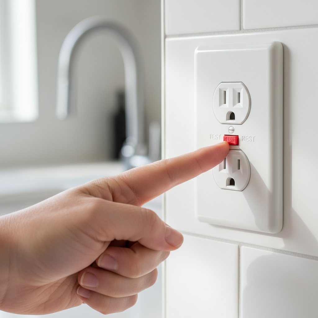 Homeowner's hand resetting a GFCI electrical outlet in a kitchen