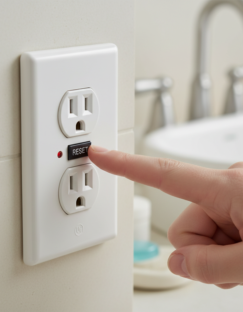 Hand pressing the reset button on a white GFCI outlet in a kitchen or bathroom
