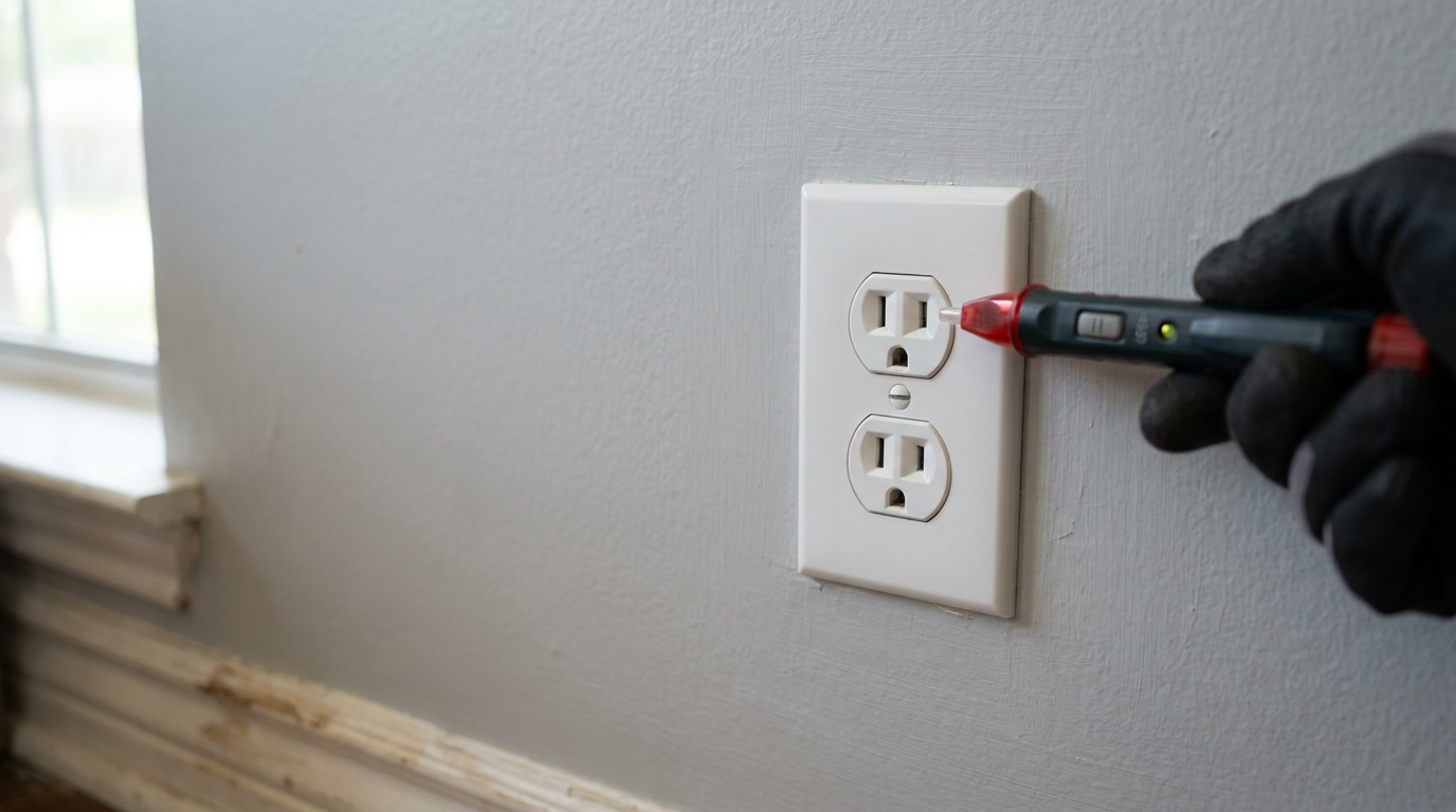 A dead electrical outlet being tested with a non-contact voltage tester.