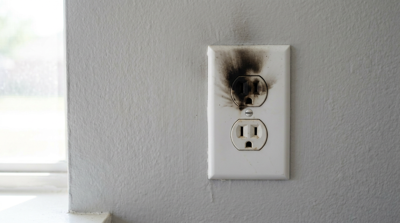 Close-up of a scorched white wall outlet receptacle with black soot marks around plug slots