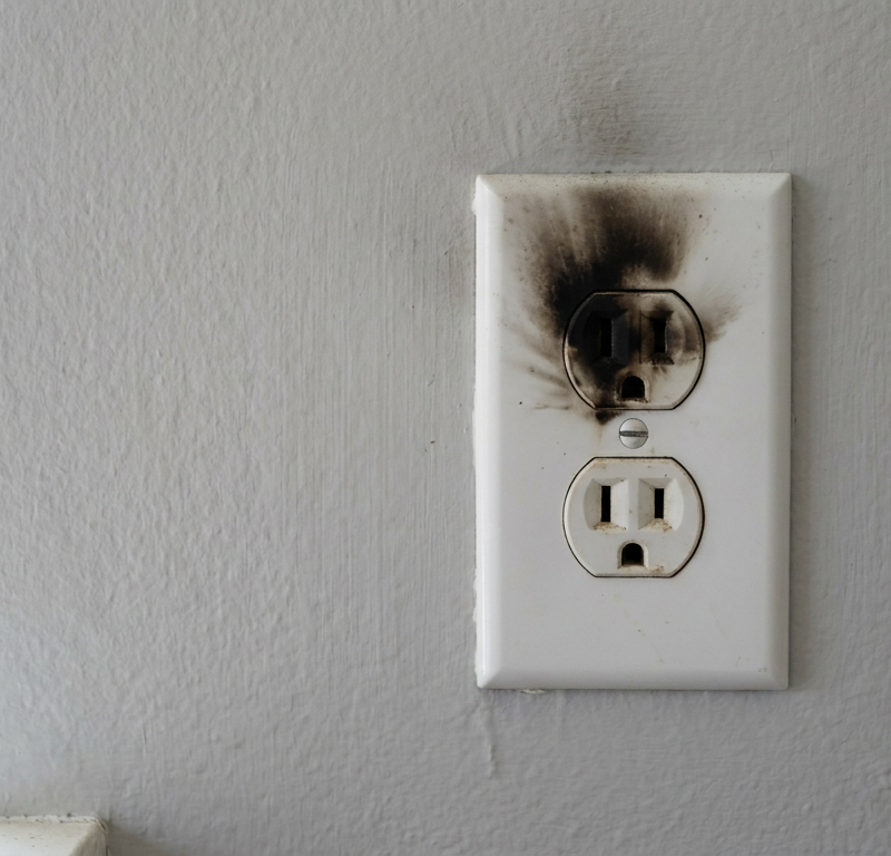 Close-up of a scorched white wall outlet receptacle with black soot marks around plug slots
