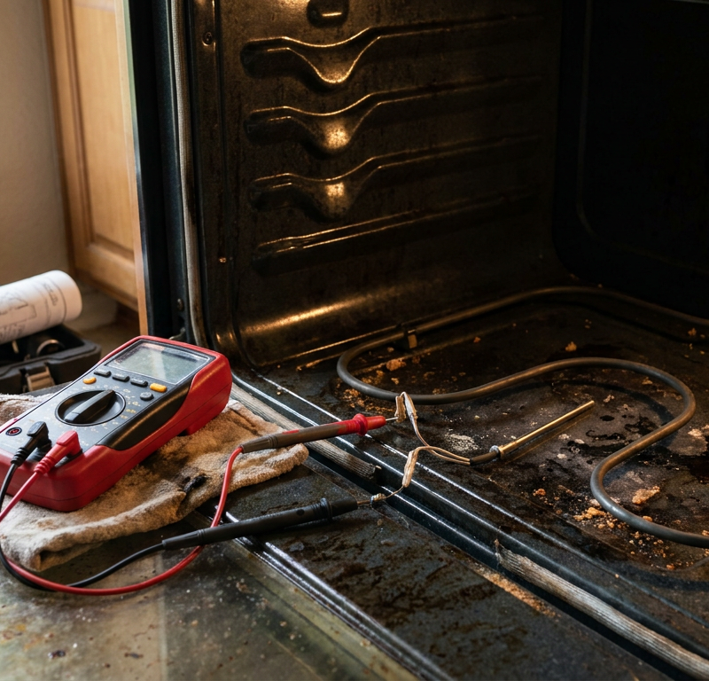 Multimeter testing an electric oven bake element inside a kitchen range cavity