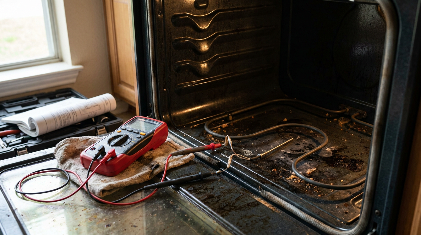 Multimeter testing an electric oven bake element inside a kitchen range cavity