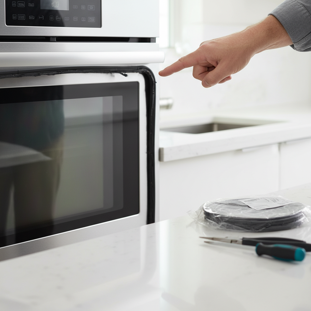 Homeowner inspecting a gapped oven door seal, with tools ready for repair.