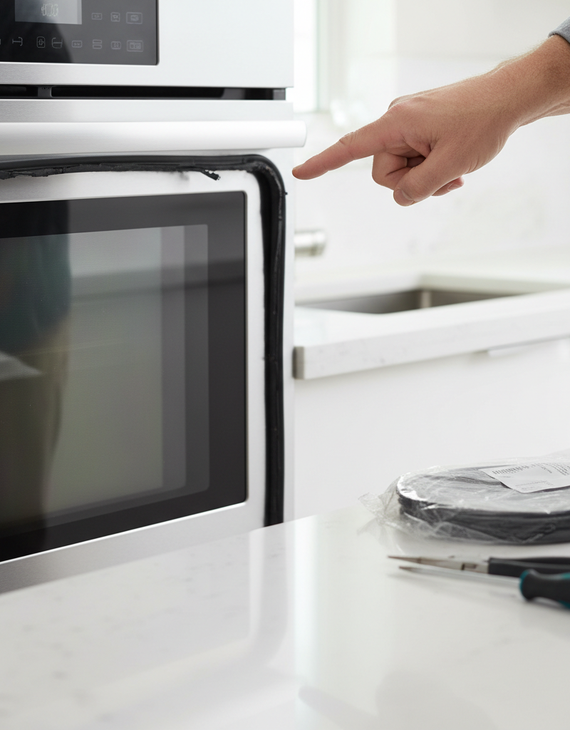 Homeowner inspecting a gapped oven door seal, with tools ready for repair.